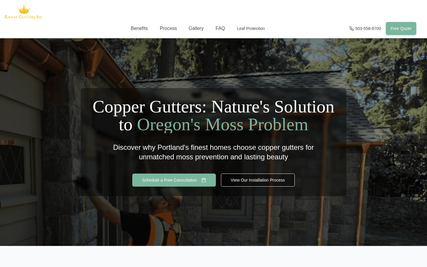 Screenshot of Royal Copper Gutters website